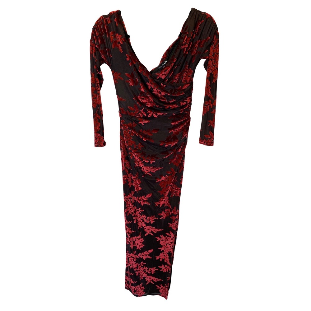 Fashion Nova Maxi Dress Women XS Red Floral Burnout Velvet Party Holiday Glam